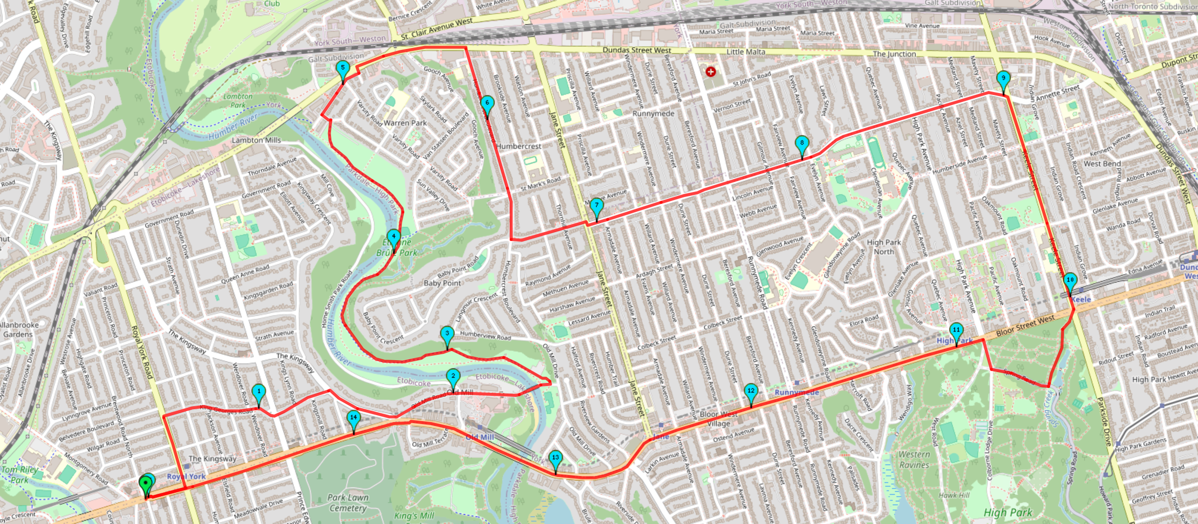 Humber Valley Trails via High Park 15 km route map